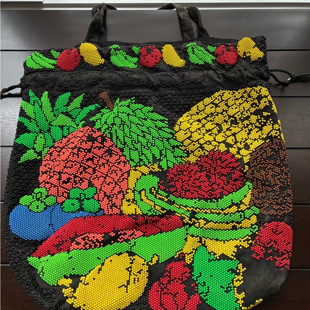 vintage Retro Black and Green Tropical beaded design Shoulder tote Bag